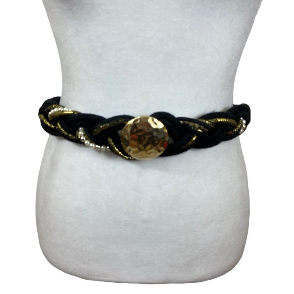 Vinatge 80’s Ladies Black and Gold Braid Belt with Faux Pearl Detail‎ Medium